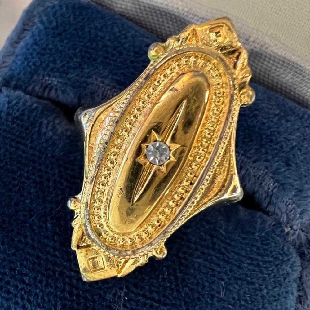 Vintage Gold-Tone Oval Shield Ring Clear Center Stone-more details coming soon!!